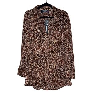 Inner Circle Women's 3X Leopard Animal Print Pleated Button Up Blouse NEW CHIC